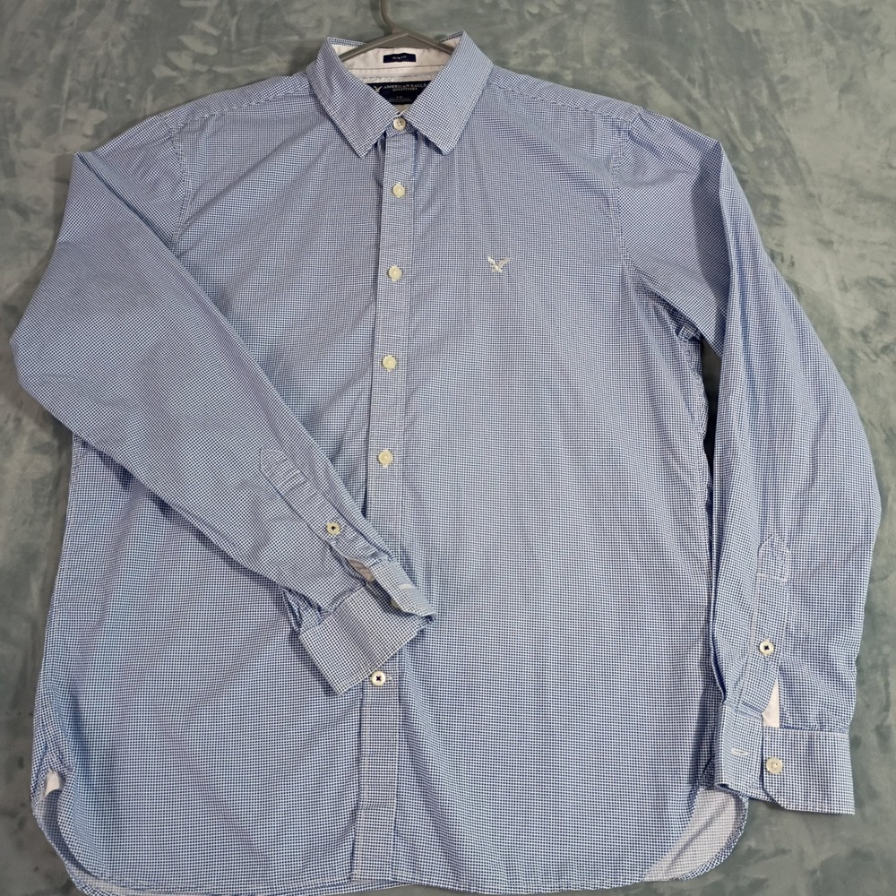 American Eagle Mens Slim Fit Button Down Shirt Blue White Micro Dot Large L Long
